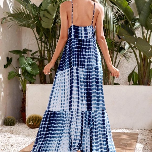 Blue Boho Womens Ruffle Hem Tie Dye Cami Dress - Picture 2 of 5